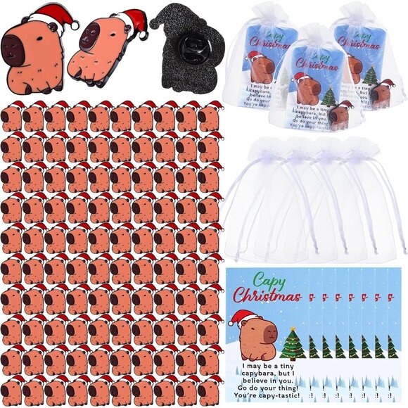 Bulk Christmas Employee Gift Set: Capybara Pins, Xmas Cards & Organza Bags - 50